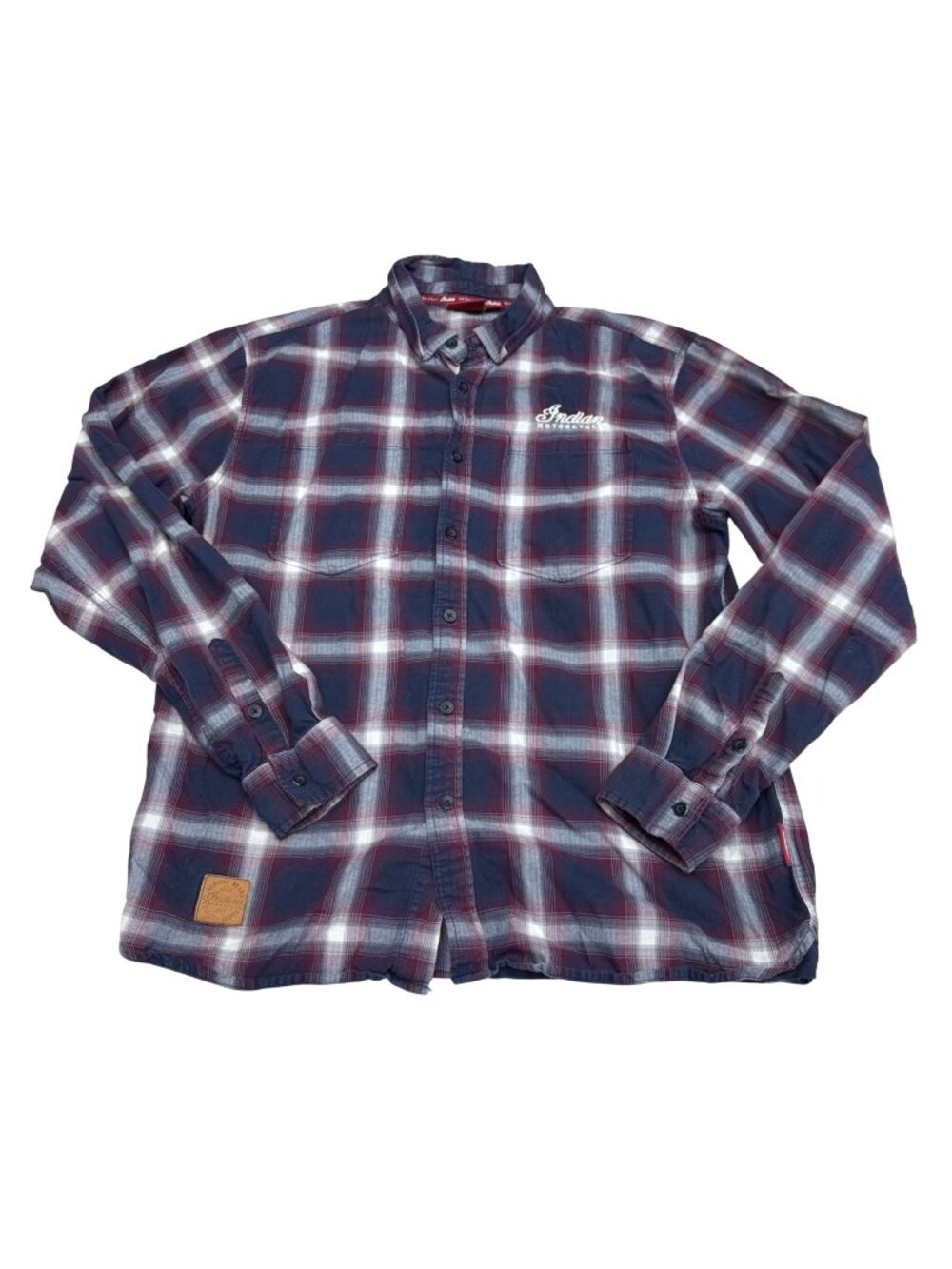 Indian Motorcycle Men's Plaid LS Button Up Shirt Navy/Red Embroidered, Size M